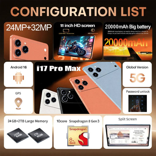 [QCT202603015]Pad 17 Pro Max Tablet – 24GB+2TB 5G Android 16 Snapdragon 8 Gen3 with Stylus