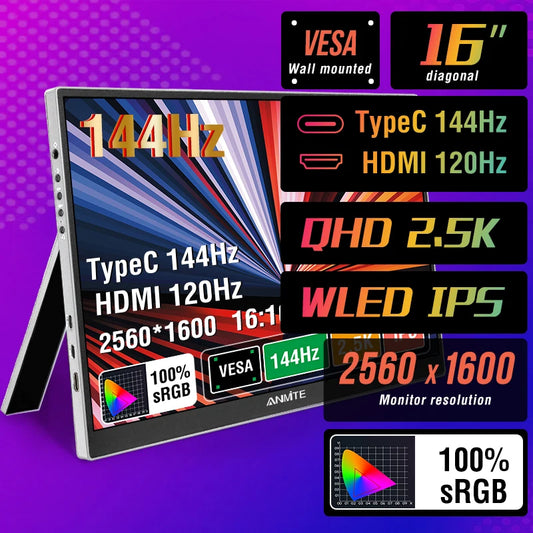 [QCM202603003]Anmite A160W25H 16" 2.5K QHD Portable Monitor — 144Hz | 500 nits | Dual Type-C