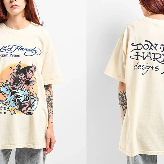 [QCTS202603002]Women's Pure Cotton Oversized Graphic T-Shirt - Casual Streetwear Round Neck Tee