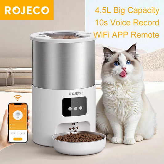 [QCAPF202603010]ROJECO 4.5L Smart Pet Feeder – WiFi App Control with Voice Recording & Stainless Steel Bowl