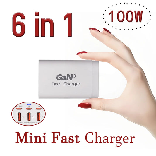 [QCUFC202603025]100W GaN 6-Port Travel Charger — 3x USB-C + 3x USB-A | Fast Charge | Global Plug