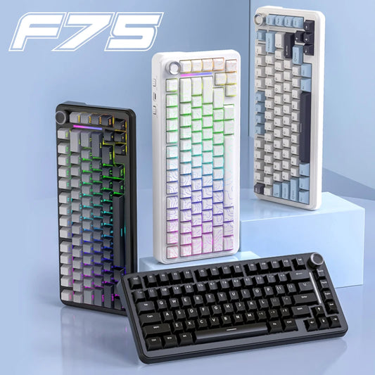 [QCGK202603008]FREEWOLF F75 — 75% Leaf Spring Gasket Keyboard | Bluetooth 5.0 / 2.4GHz / Wired | Metal Knob | Full-Key Hot-Swap RGB